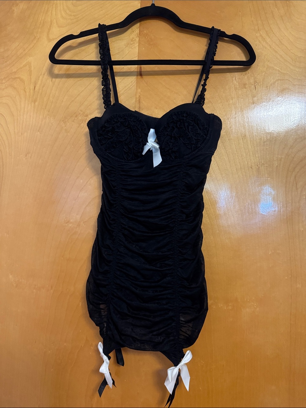 Black Ruched Lace-Up Lingerie with Bows